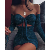 Off Shoulder Glitter Dress Front Lace Up Hollow Out Ruchech Party Dress Stretchy Glittering Sexy Dresses Bodycon Vestidos